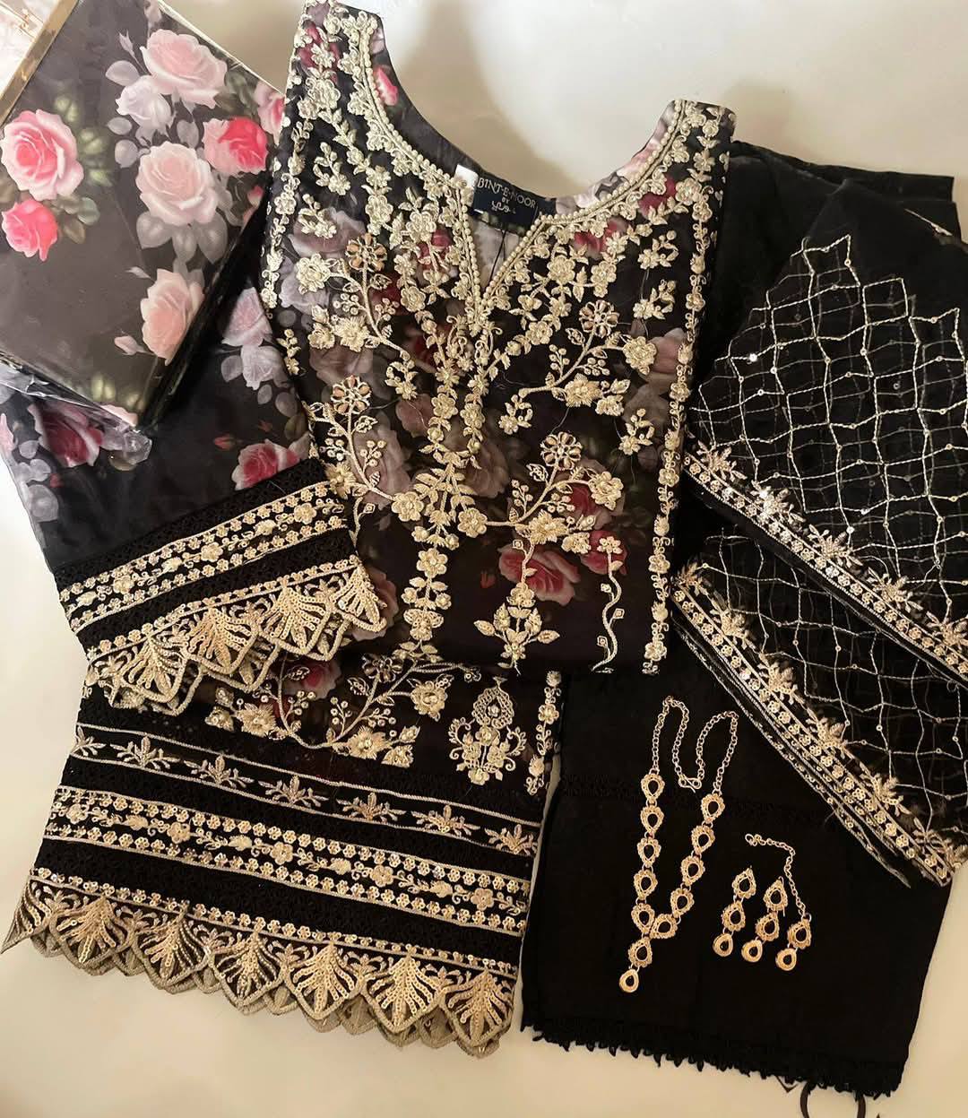 Embroidered Floral Organza 3 Piece Suit