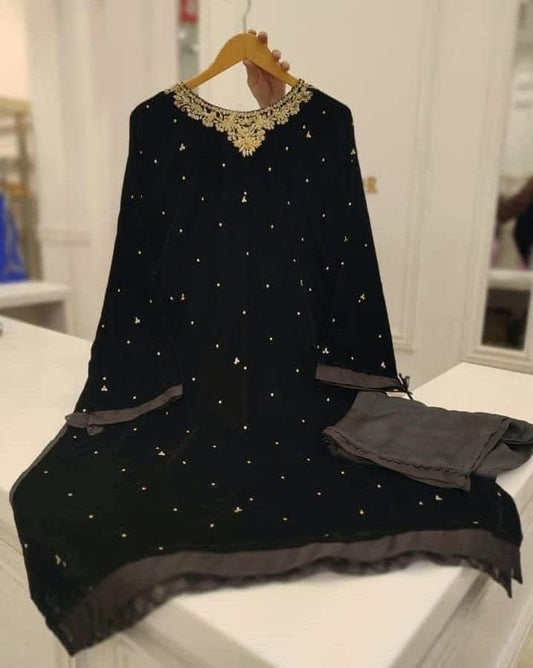 Aghanoor Embroidered Velvet Shirt with Raw Silk Pant