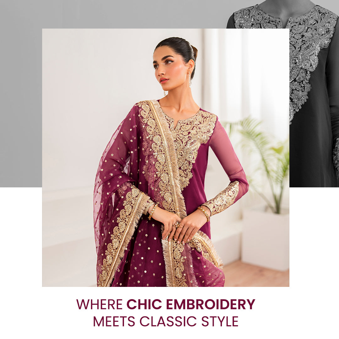 Baroque Luxury Pret Embroidered Chiffon 3 Piece-Burgundy