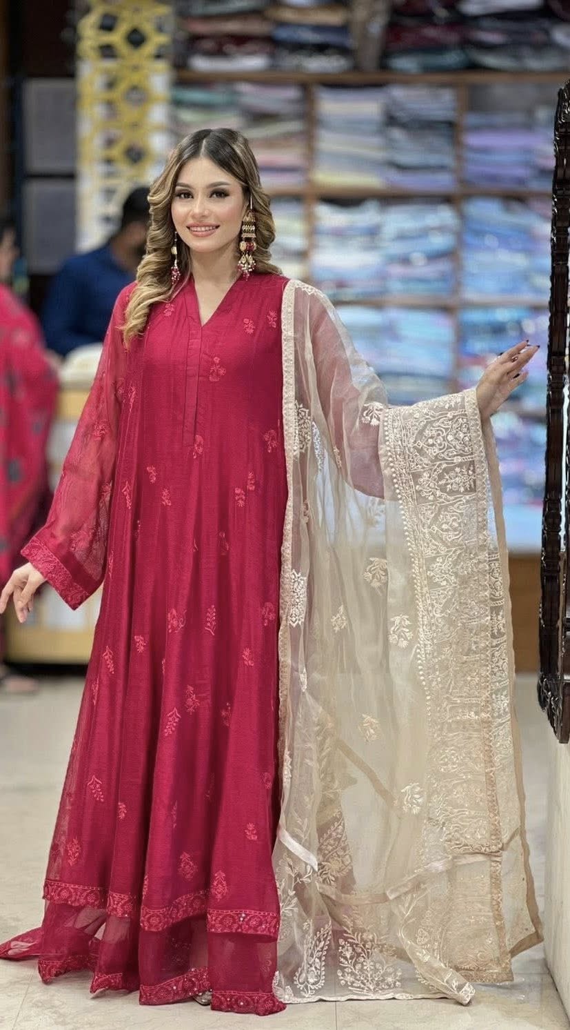 Aghanoor Embroidered Cotton Net Frock Style 3 Piece Suit