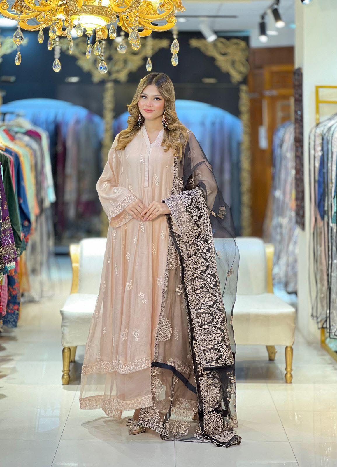 Aghanoor Embroidered Cotton Net Frock Style 3 Piece Suit