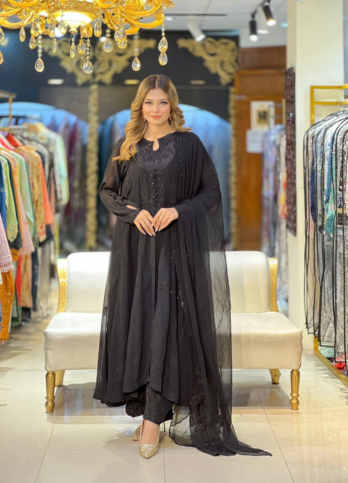 Aghanoor Embroidered Chiffon Frock Style 3 Piece Suit