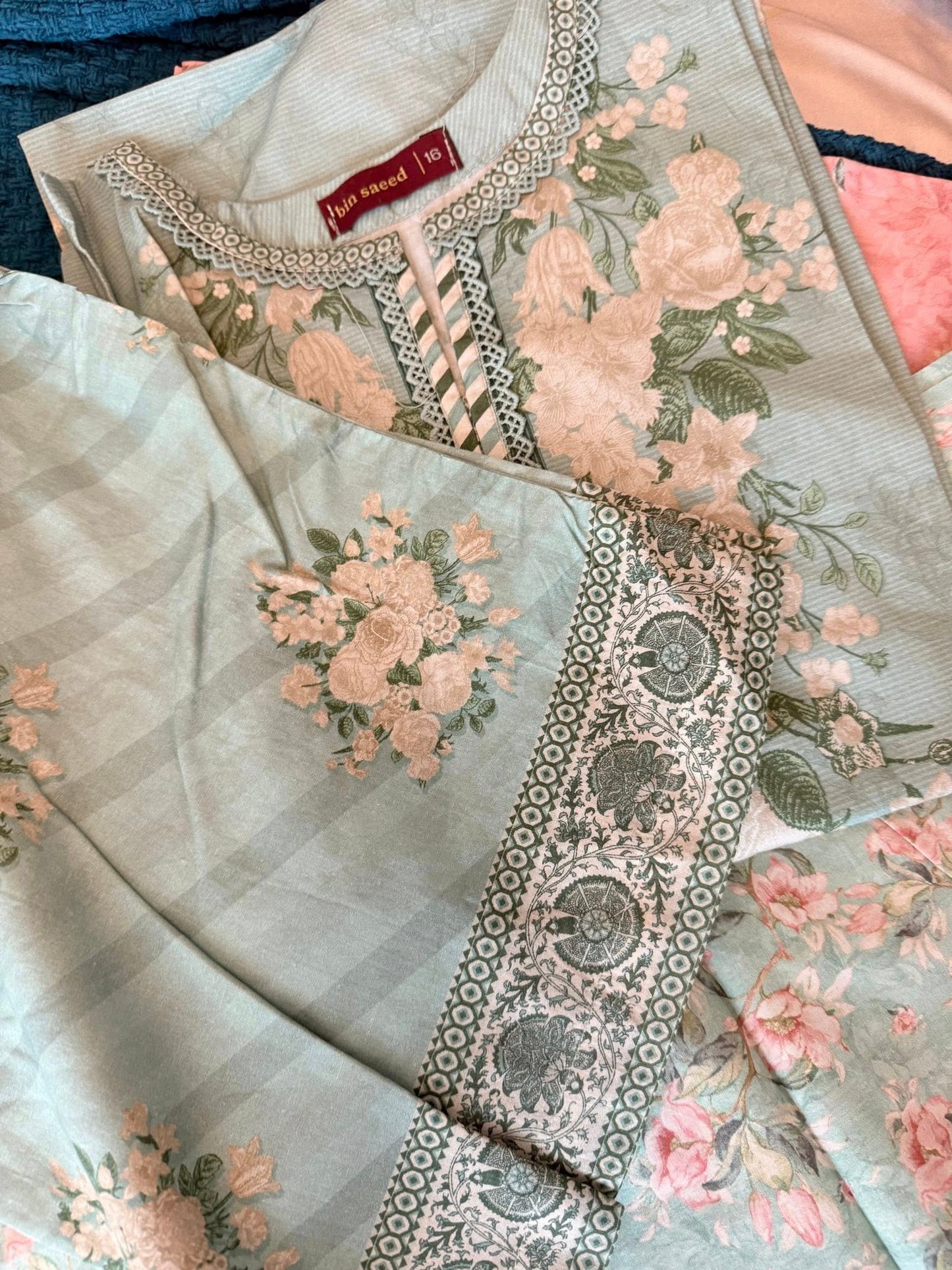 Binsaeed Printed Shirt & Pants(Co-ords)- Pastal Green