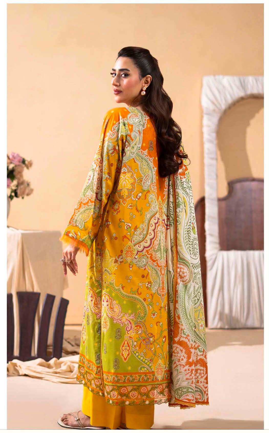 GULLJEE GULLBANO PREMIUM LAWN EMBROIDERED 3 PIECE-Mustard & Green