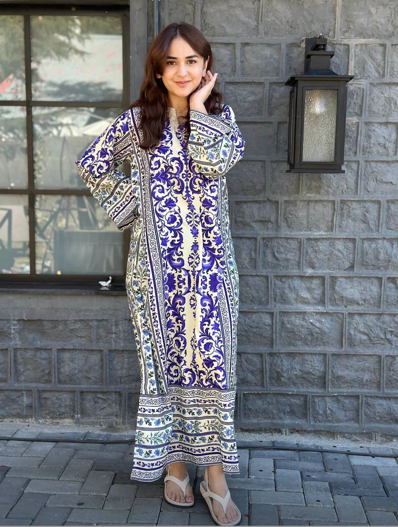 SILAI PRET PREMIUM PRINTED SILK WHITE-BLUE KAFTAN