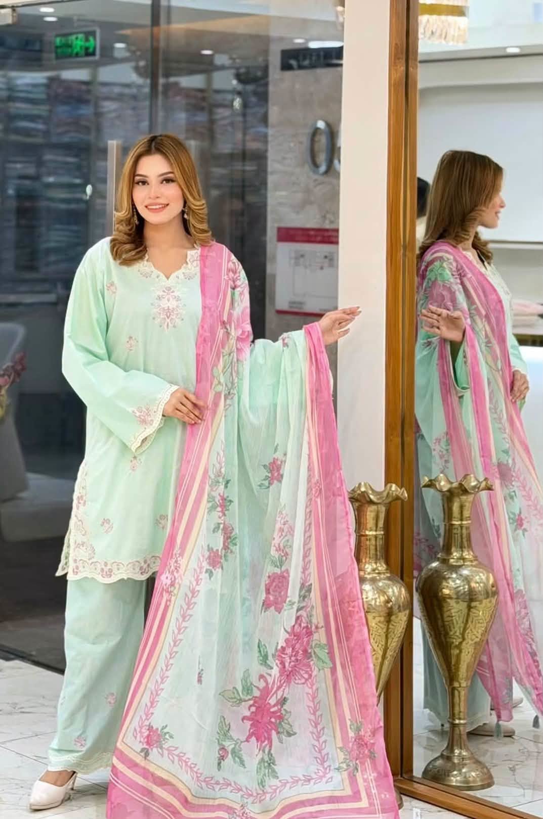 Sadabahar Eclair Embroidered Cotton 3 Piece-Pista Green