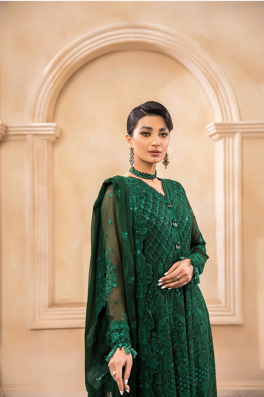 Bottle Green Pakistani Chiffon Designer Wear | Embroidered Wedding & Formal Dress