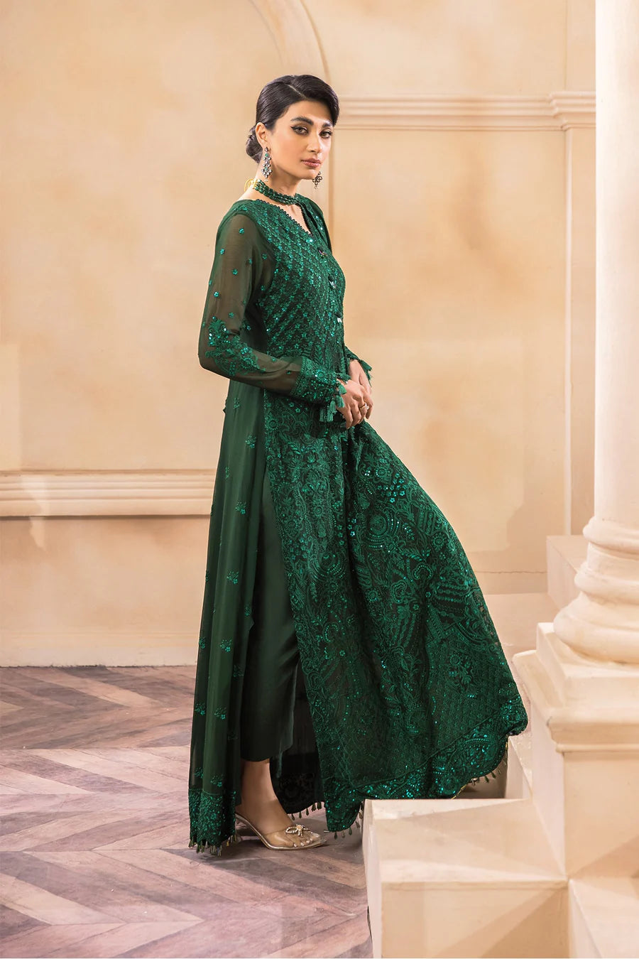 Bottle Green Pakistani Chiffon Designer Wear | Embroidered Wedding & Formal Dress