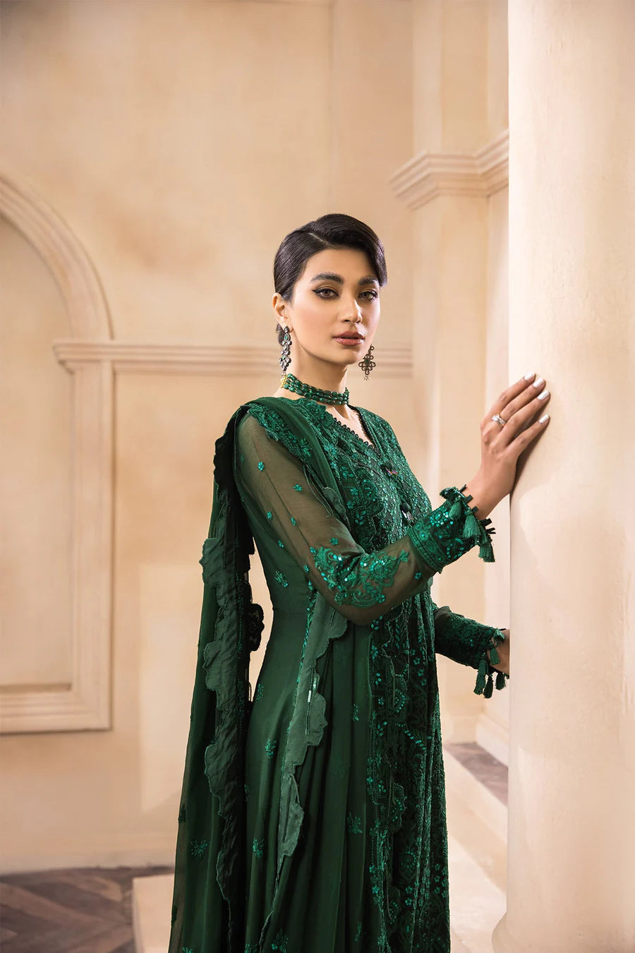 Bottle Green Pakistani Chiffon Designer Wear | Embroidered Wedding & Formal Dress