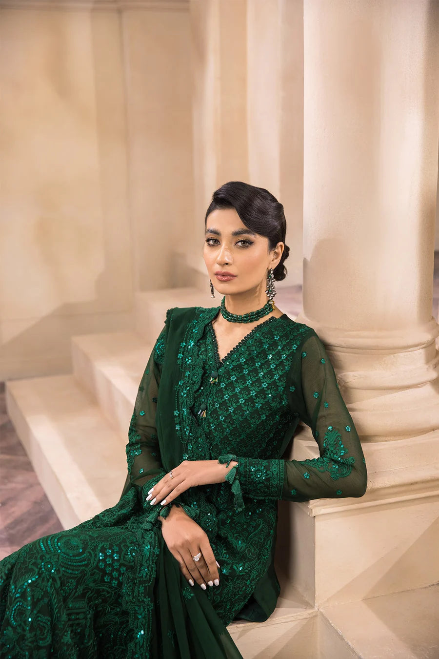Bottle Green Pakistani Chiffon Designer Wear | Embroidered Wedding & Formal Dress
