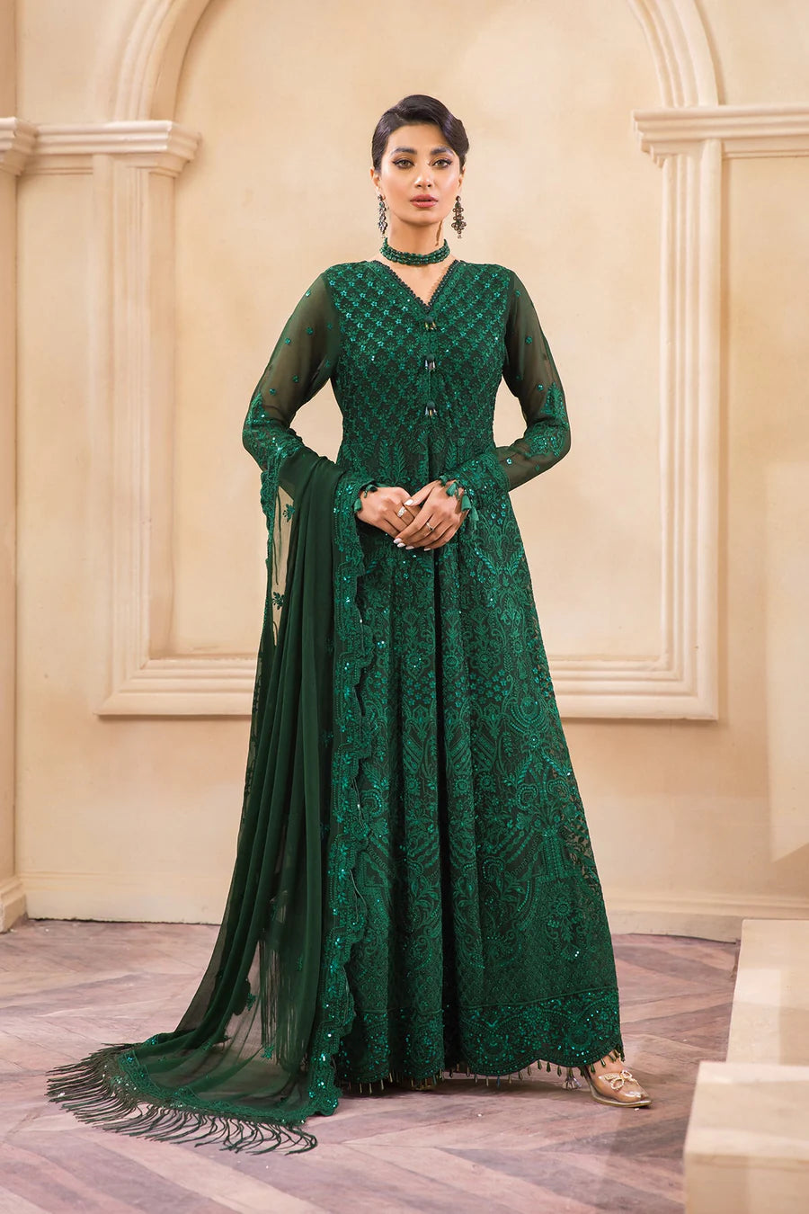 Bottle Green Pakistani Chiffon Designer Wear | Embroidered Wedding & Formal Dress