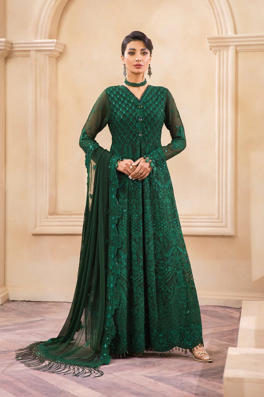 Bottle Green Pakistani Chiffon Designer Wear | Embroidered Wedding & Formal Dress