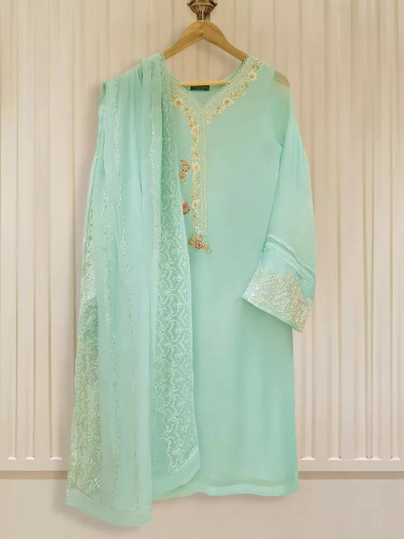 AGHANOOR THREE PIECE 100% PURE CHIFFON EMB SUIT