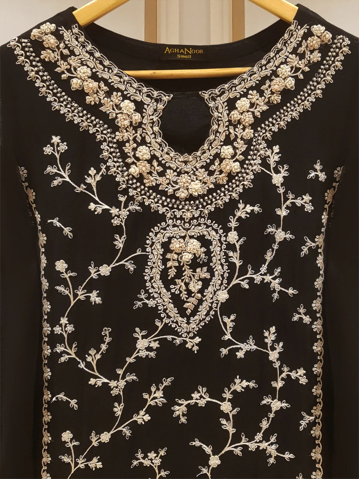 AGHANOOR BLACK PURE CHIFFON BEAUTIFUL EMBROIDERED SHIRT AND PANT