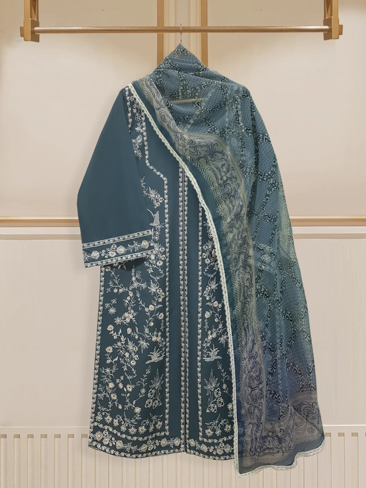 AGHANOOR PIMA COTTON EMBROIDERED SHIRT WITH CHIFFON DUPATTA