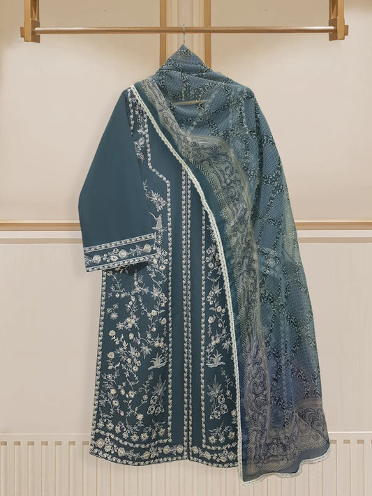 AGHANOOR PIMA COTTON EMBROIDERED SHIRT WITH CHIFFON DUPATTA
