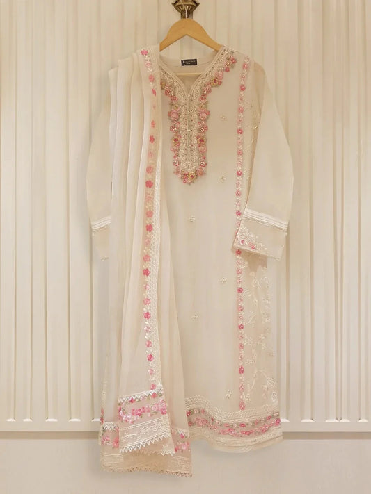 AGHANOOR PURE CHIFFON EMBROIDERED SHIRT WITH DUPATTA & SILK PANT