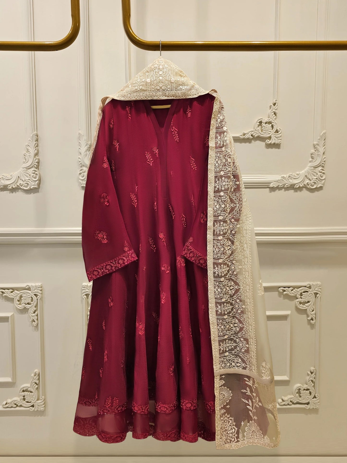Aghanoor Embroidered Cotton Net Frock Style 3 Piece Suit