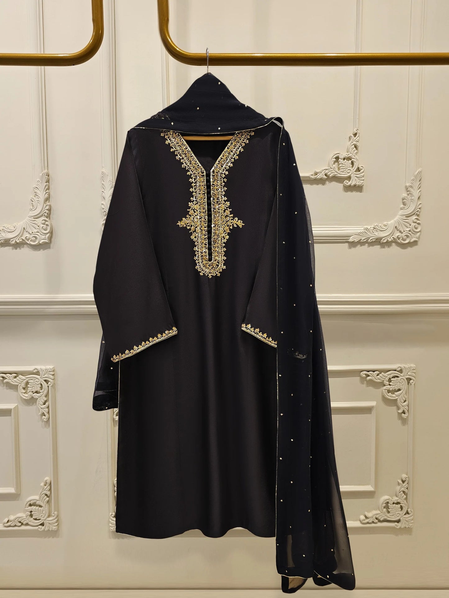 AGHANOOR 3 PIECE PURE SILK NET EMBROIDERED SUIT
