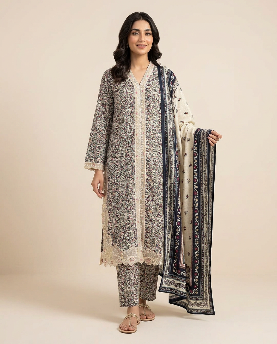 Bin Saeed Embroidered Lawn Front Open Style 3 Piece