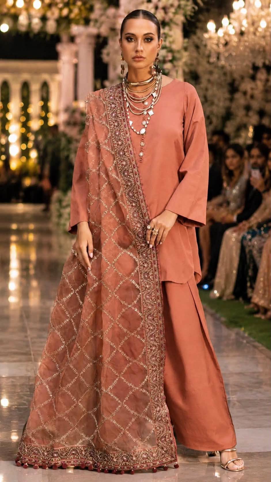 Charizma Embroidered Silk Pret 3 Piece with Farshi Shalwar-Nude Pink