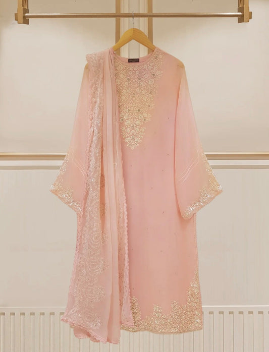 AGHANOOR TWO PIECE 100% PURE CHIFFON EMBROIDERED SHIRT WITH DUPATTA