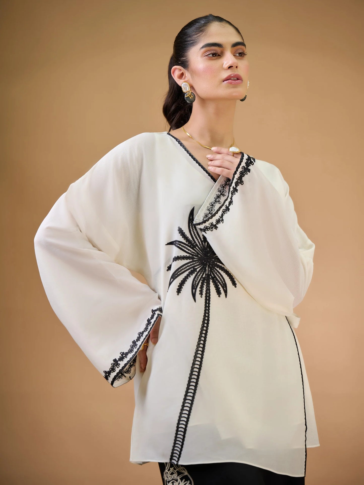 NOOR by AGHANOOR EMBROIDERED VOILE KIMONO SHIRT with COTTON TROUSER