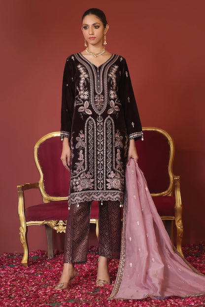 Stitched 3 Piece Embroidered Velvet Suit