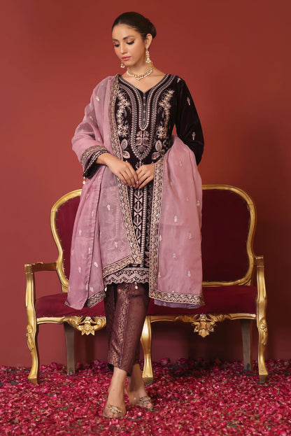 Stitched 3 Piece Embroidered Velvet Suit