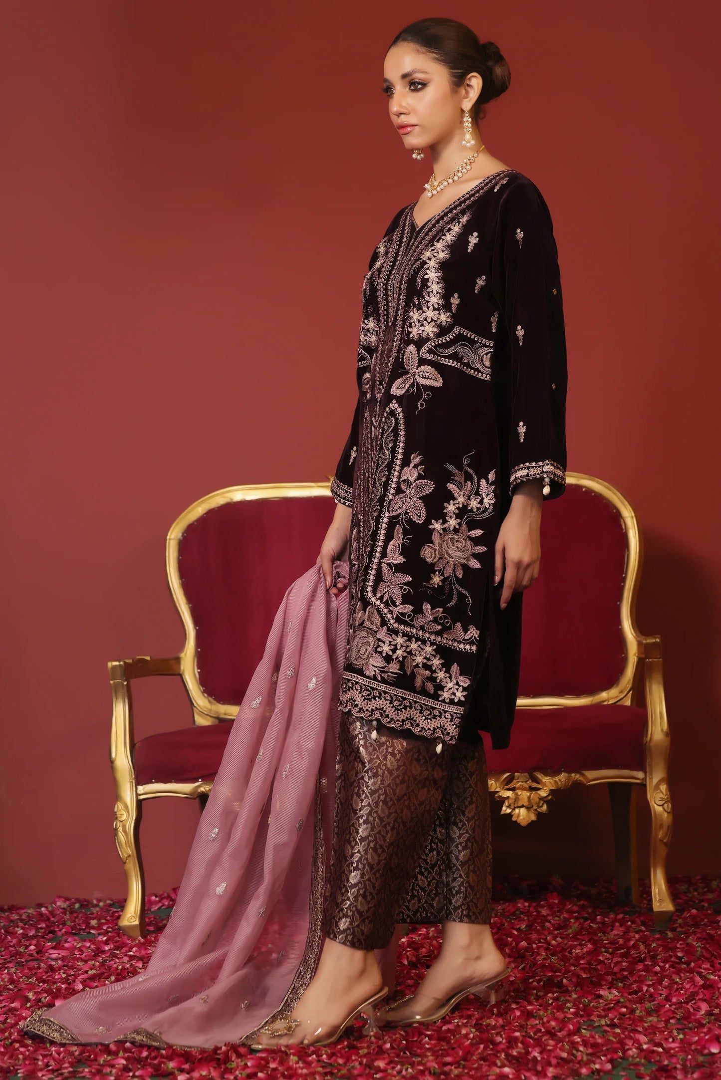 Stitched 3 Piece Embroidered Velvet Suit