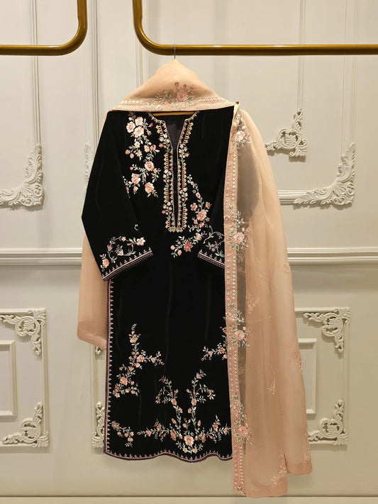 Aghanoor Embroidered Luxury Velvet 3 Piece -Black