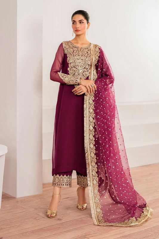 Baroque Luxury Pret Embroidered Chiffon 3 Piece-Burgundy
