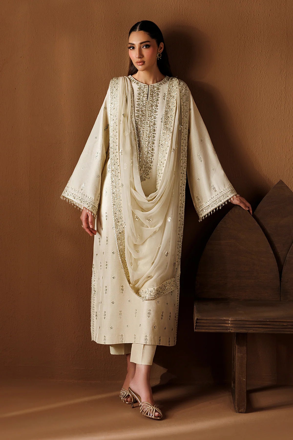 Baroque Embroidered Premium Raw Silk 3 Piece Suit-Offwhite