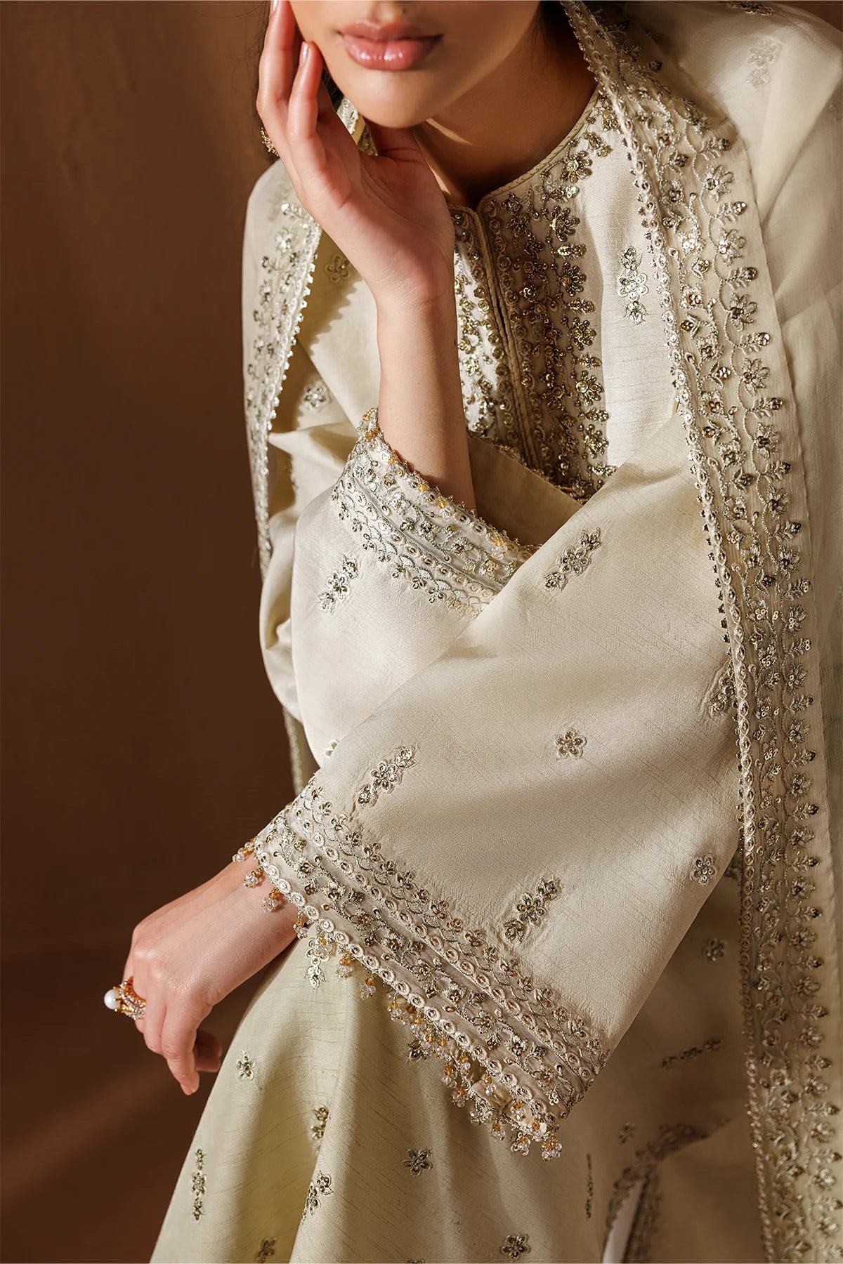 Baroque Embroidered Premium Raw Silk 3 Piece Suit-Offwhite