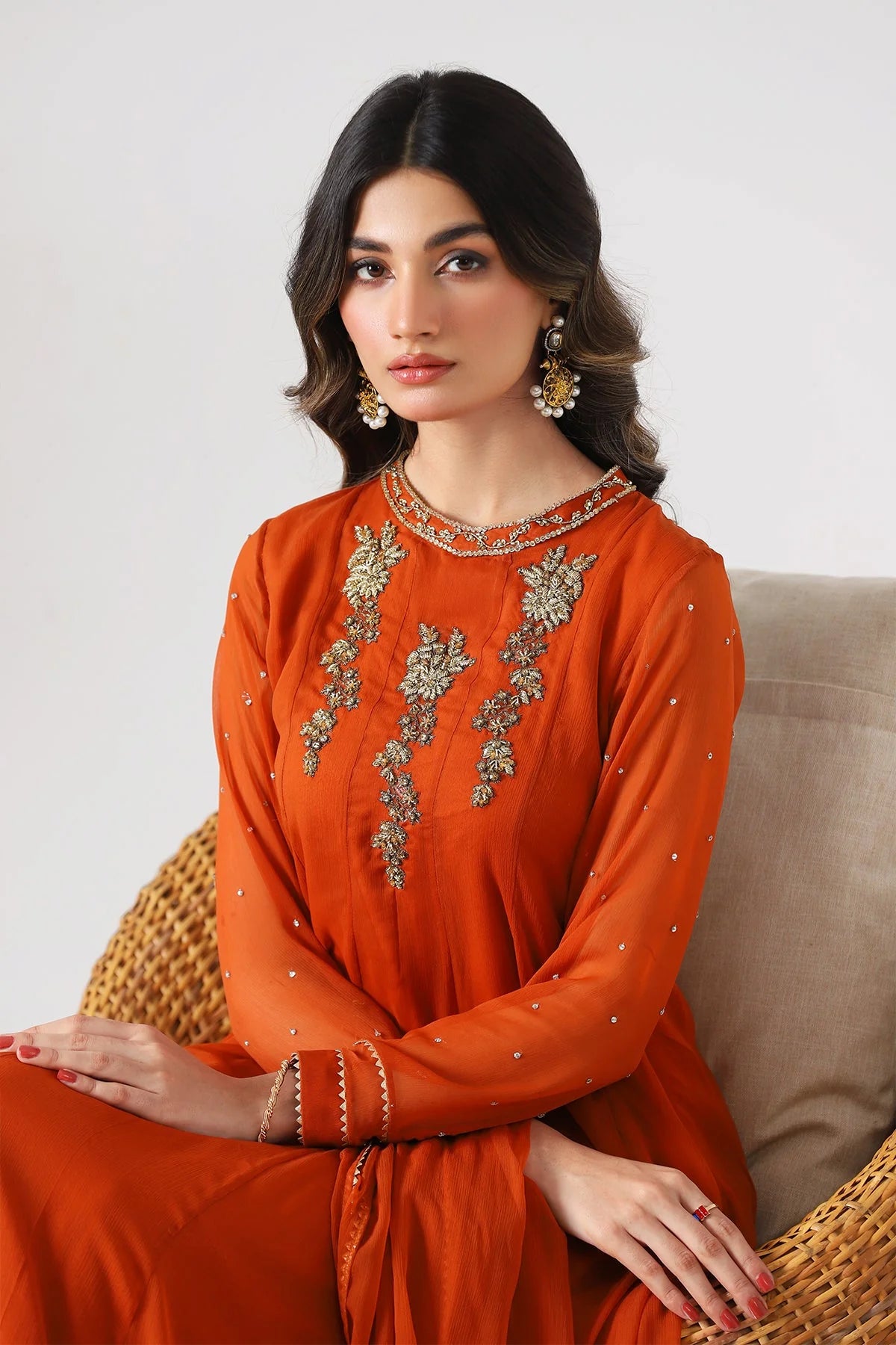 Embroidered Chiffon Shirt with Chiffon Dupatta and Silk Trouser