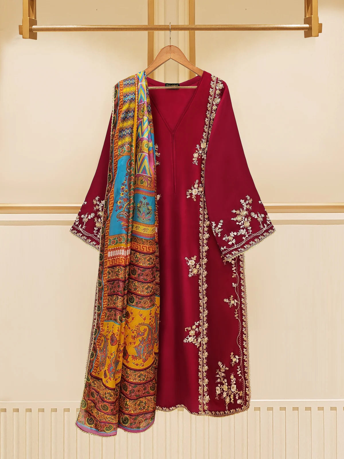 AGHANOOR 3 PIECE PURE RAW SILK EMBROIDERED SUIT