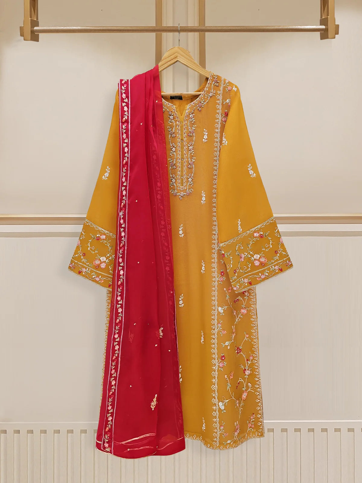 THREE PIECE PURE COTTON NET SHIRT WITH ORGANZA DUPATTA & SILK PANT