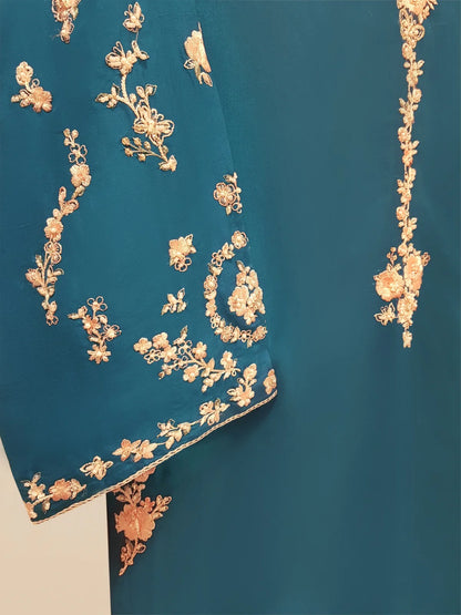 AGHANOOR THREE PIECE 100% PURE RAW SILK EMBROIDERED SHIRT WITH ORGANZA DUPATTA AND SILK PANT