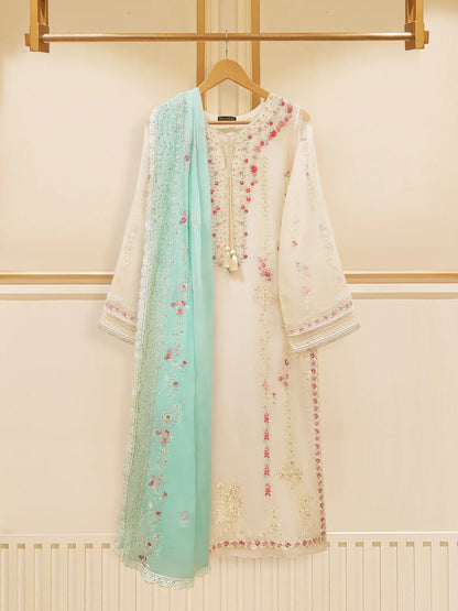 AGHANOOR 3 PIECE 100% PURE CHIFFON EMBROIDERED SUIT