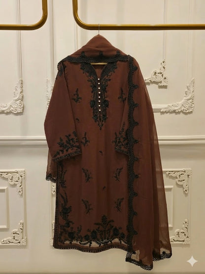 AGHANOOR DARK BROWN COTTON NET EMBROIDERED 3 PIECE
