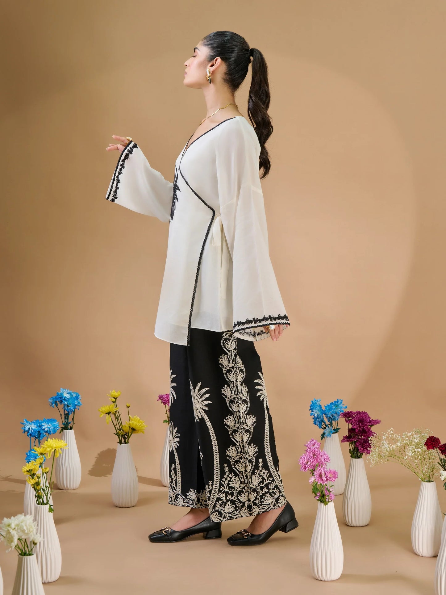 NOOR by AGHANOOR EMBROIDERED VOILE KIMONO SHIRT with COTTON TROUSER