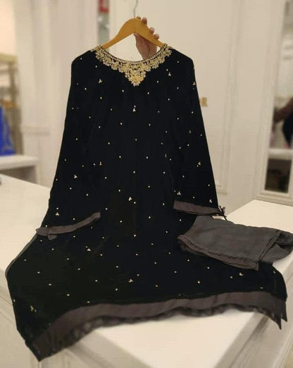 Aghanoor Embroidered Velvet Shirt with Raw Silk Pant