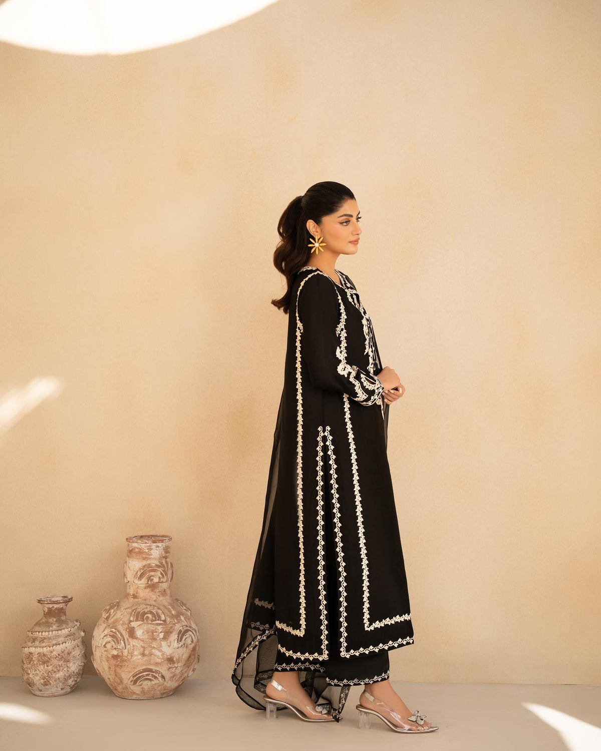 THREE PIECE PURE SILK NET SHIRT WITH ORGANZA DUPATTA & SILK PANT