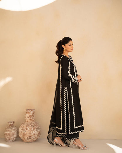 THREE PIECE PURE SILK NET SHIRT WITH ORGANZA DUPATTA & SILK PANT