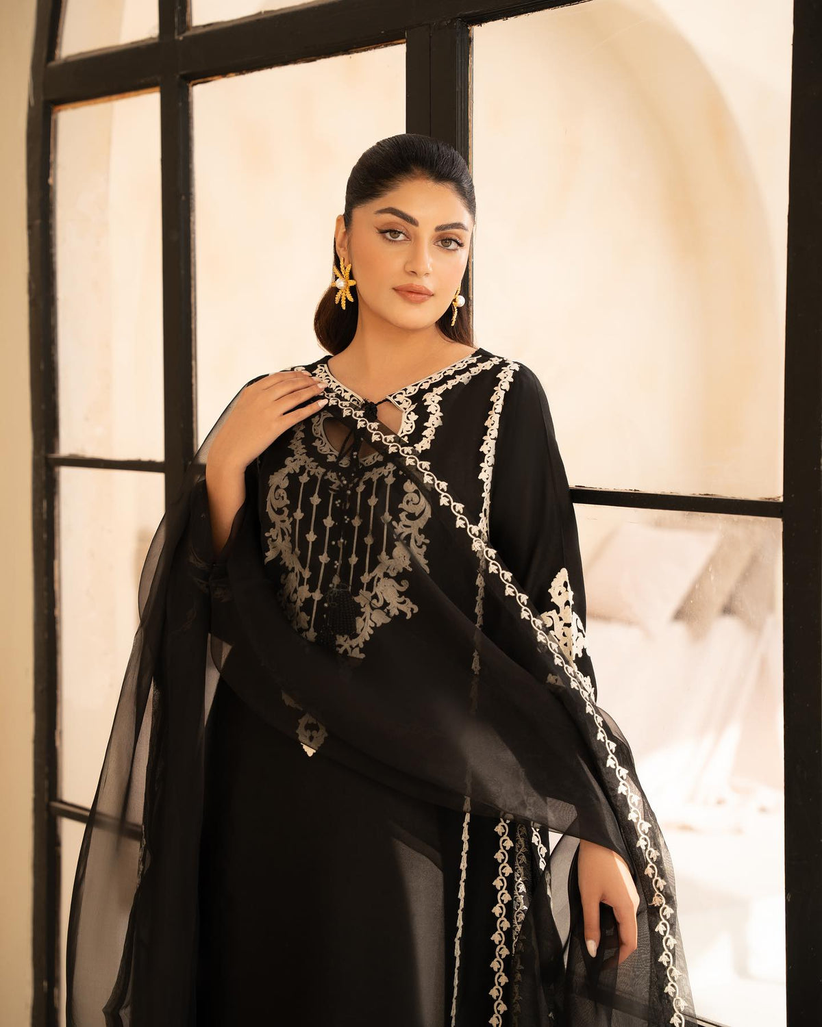 THREE PIECE PURE SILK NET SHIRT WITH ORGANZA DUPATTA & SILK PANT