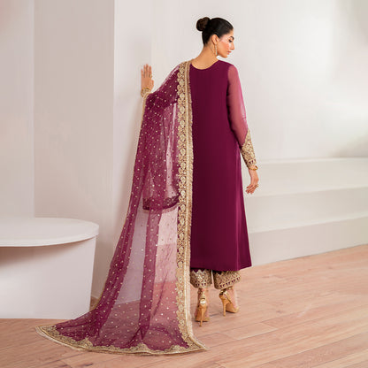 Baroque Luxury Pret Embroidered Chiffon 3 Piece-Burgundy
