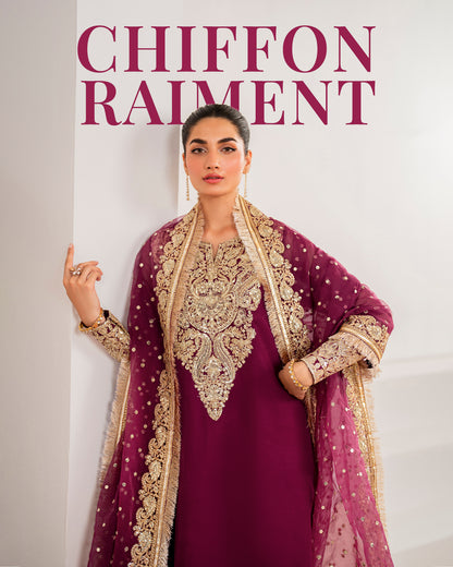 Baroque Luxury Pret Embroidered Chiffon 3 Piece-Burgundy