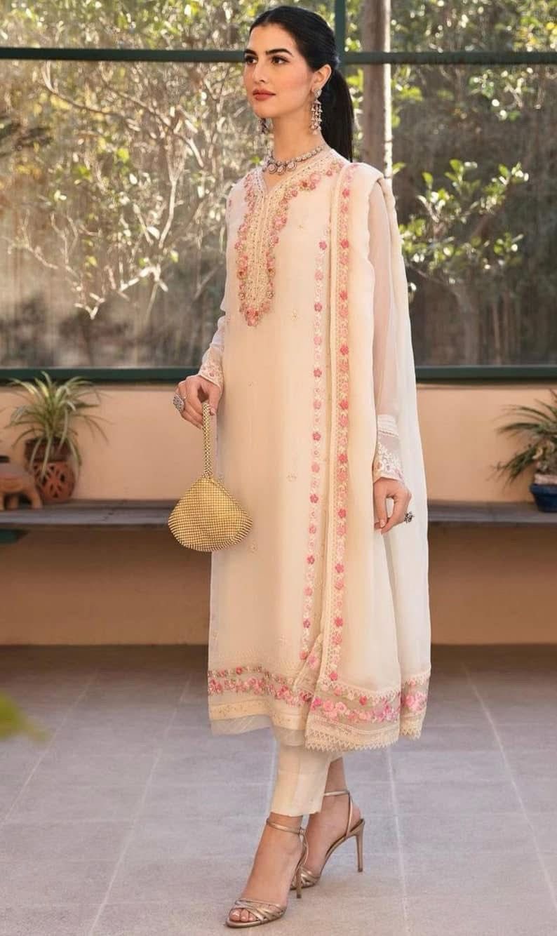 AGHANOOR PURE CHIFFON BEAUTIFUL EMBROIDERED 3 PIECE