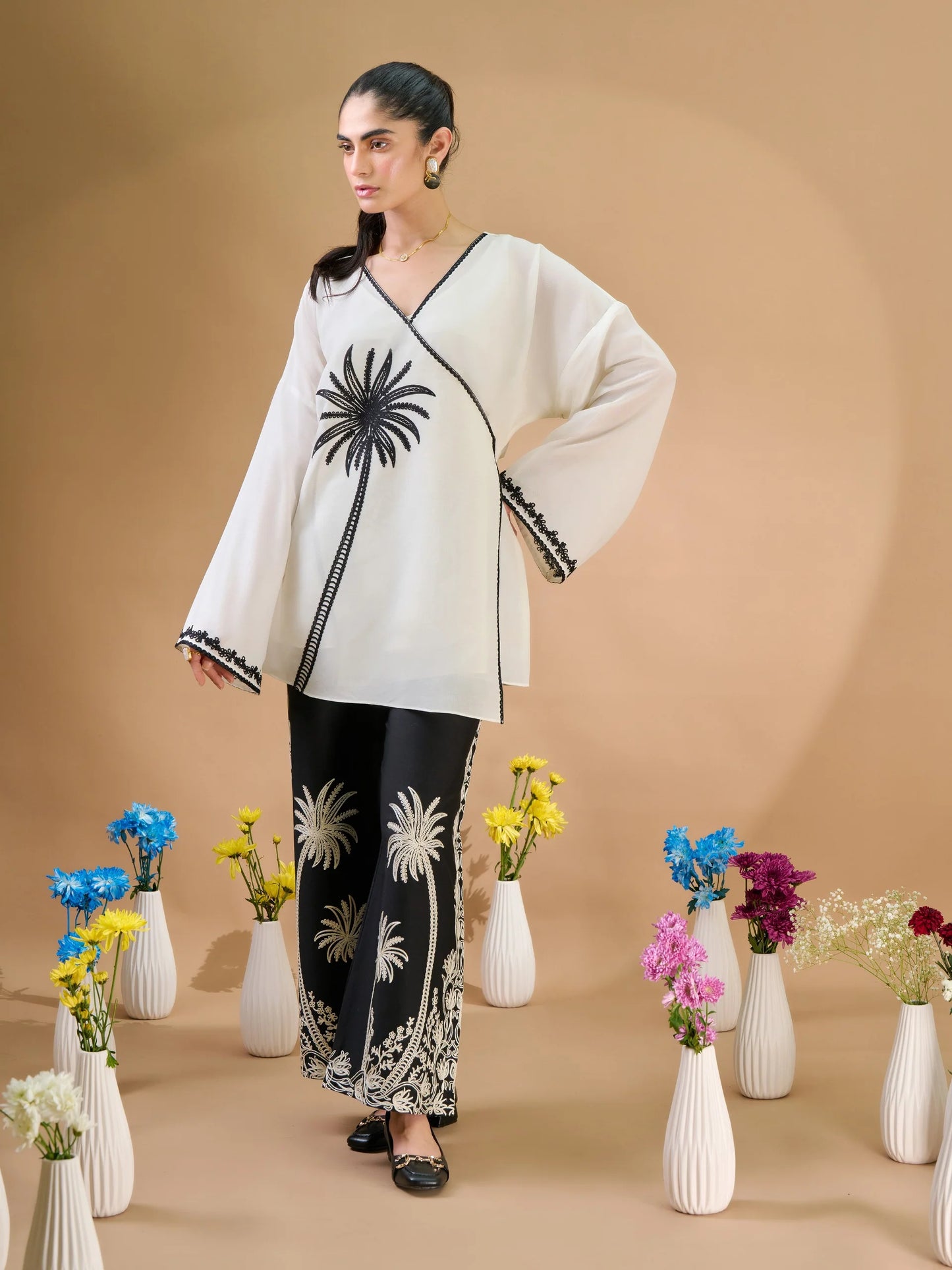NOOR by AGHANOOR EMBROIDERED VOILE KIMONO SHIRT with COTTON TROUSER
