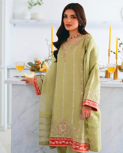 AGHANOOR PURE RAW SILK EMBROIDERED SHIRT WITH ORGANZA DUPATTA AND SILK PANT